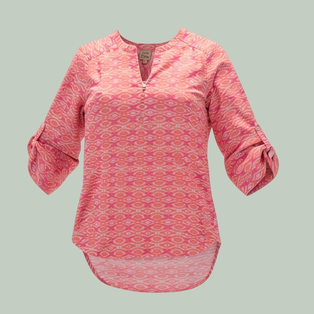 Lightweight Peasant Ikat Roll Tab Henley Top Womens XL Pink Como Vintage